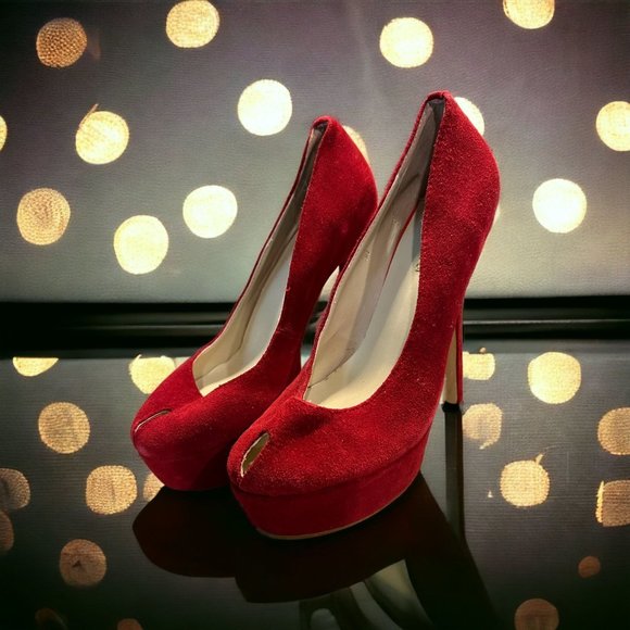 Sergio Rossi Red Suede Leather Platform Heels Keyhole 6" heel Size 38 US 8 READ - Picture 1 of 9